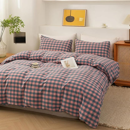 ECOCOTT Duvet Cover Set, 100% Washed Cotton Linen-Like Soft & Breathable, Durable Comfy Bedding Set for All Seasons King Size, Purple Pink Plaid