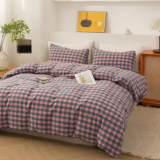 ECOCOTT Duvet Cover California King Size, 100% Washed Cotton Linen-Like Soft & Breathable, Durable Comfy Bedding Set for All Seasons, Purple Pink Plaid