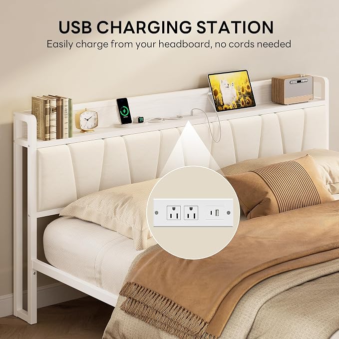 LIKIMIO King Bed Frames, PU Leather Storage Headboard with Charging Station, Solid and Stable, Noise Free, No Box Spring Needed, Easy Assembly, White