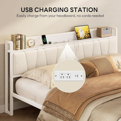 LIKIMIO California King Bed Frames, PU Leather Storage Headboard with Charging Station, Solid and Stable, Noise Free, No Box Spring Needed, Easy Assembly, White