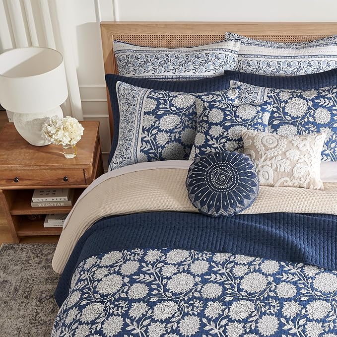Levtex Home Adare Denim Reversible King/Cal King Quilt Set (106x92in) with 2 Pillow Shams (36x20in) - Floral Bedding - Blue White - Cotton King Size Quilt Bedding Set - Lightweight, Soft, Pre-Washed