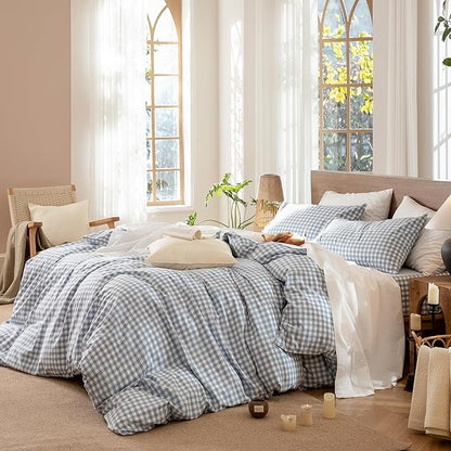 MooMee Gingham Duvet Cover Set 100% Washed Cotton Linen Like Textured Breathable Durable Soft Comfy Modern Checkered Design (Classic Gingham Cornflower Blue, Palatial King/Oversized King 120"x98")