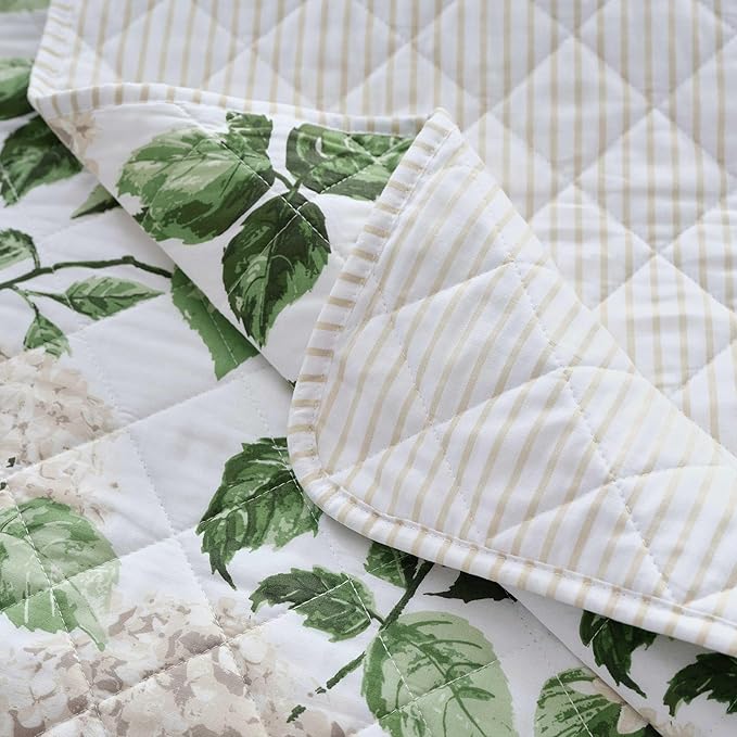 Martha Stewart - King Quilt Set, 100% Soft Cotton Floral Bedding for Year Round Comfort, 3 Piece Bed Set with Matching Pillowcases (Hydrangea Floral Beige)