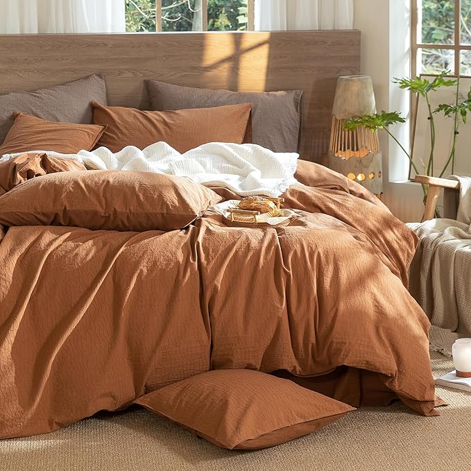 MooMee Wavy Striped Duvet Cover Set 100% Washed Cotton Linen Like Textured Breathable Durable Soft Comfy (Dark Orange, Twin 68"x90")