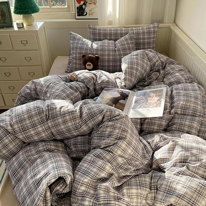 mixinni Queen Duvet Cover Set - 3 Piece Vintage Buffalo Plaid Bedding, 100% Washed Cotton Duvet Cover with 2 Pillowcases, Soft & Breathable Navy Beige White Geometric Grid Pattern for All Seasons