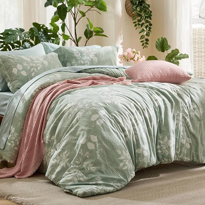 Bedsure Twin Comforter Set - 5 Pieces Floral Sage Green Soft Bedding Sets, Twin Bed in a Bag with Botanical Flowers Comforter, Sheets, Pillowcase & Sham