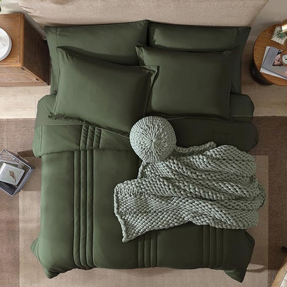 Monbix Oversized Queen Size Comforter Set - 7 Pieces Bed in a Bag, Olive Green Bedding Sets with Comforter, All Seasons Comforter Bed Set with Sheets, Pillowcases & Shams