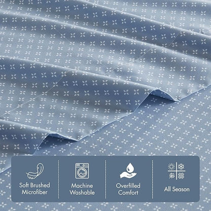 Madison Park Essentials Queen Comforter Set with Sheets, Floral Bed in A Bag Microfiber Comforter for Queen-Size Bed, Shabby Chic Queen Bedding Set Diamond Printed Sheet, Luna, Queen, Blue 7 Piece