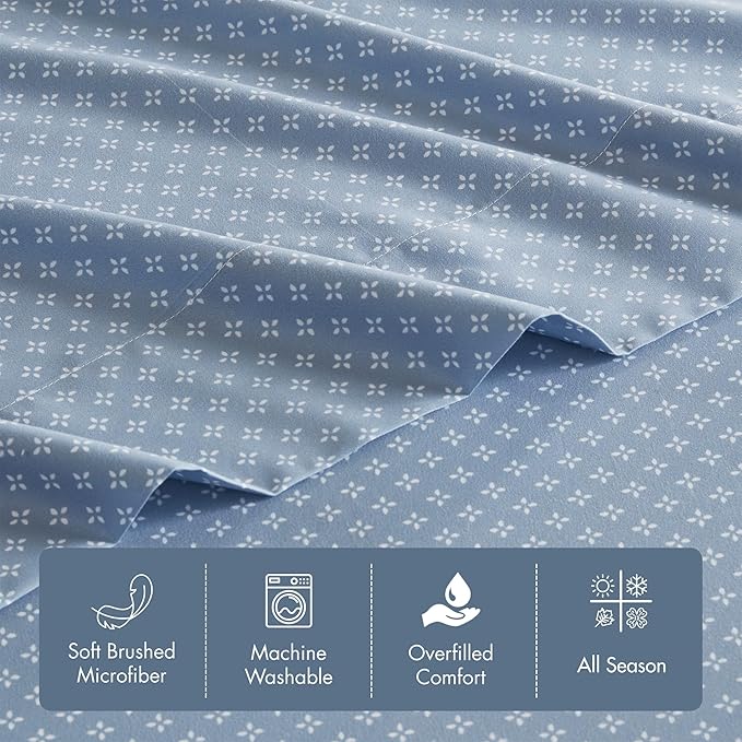 Madison Park Essentials Twin Comforter Set with Sheets, Floral Bed in A Bag Microfiber Comforter for Twin-Size Bed, Shabby Chic Twin Bedding Set Diamond Printed Sheet, Luna, Twin, Blue 5 Piece