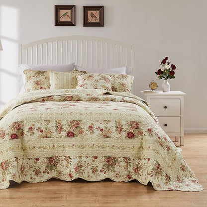 Greenland Home Antique Rose Jumbo Oversized 100% Cotton Bedding Set, Bedspread 110 W x 118 L with 2 Shams 20 W x 26 L Each, Queen (3 Piece), Ecru