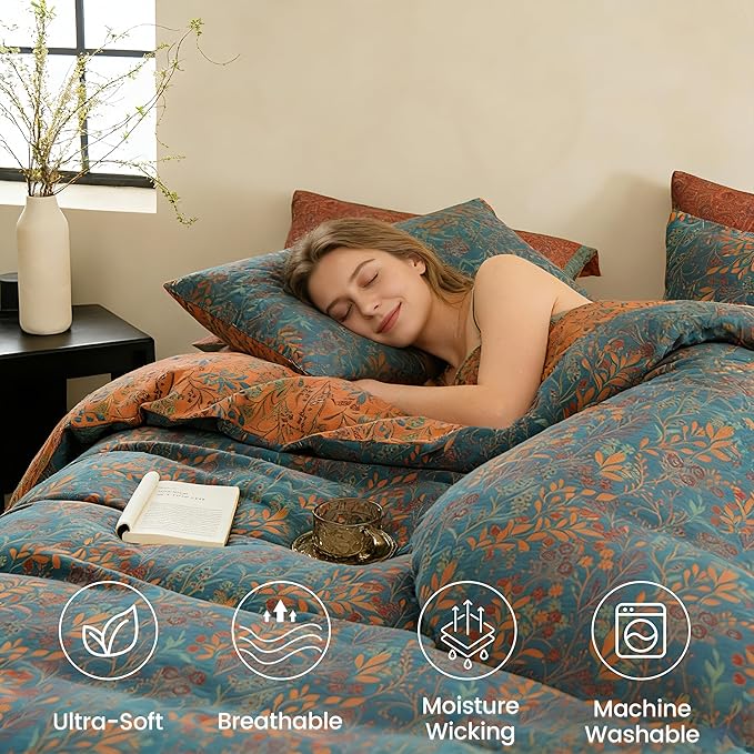 BISELINA 100% Cotton Muslin Duvet Cover Set Queen, 3 Pcs Yarn-Dyed Jacquard Textured Reversible Floral Design, Soft and Breathable Bedding Set with Zipper Closure, Blue Orange