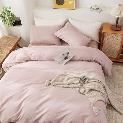 ECOCOTT Duvet Cover Set, 100% Washed Cotton Linen-Like Soft & Breathable, Durable Comfy Bedding Set for All Seasons Twin Size (Greyish Pink)