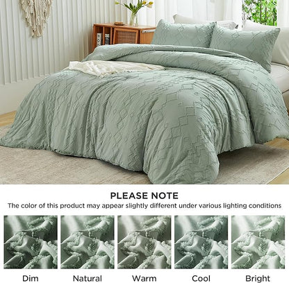 Andency Sage Green Tufted Comforter Set Queen(90x90Inch), 3 Pieces(1 Tufts Comforter, 2 Pillowcases) Boho Textured Farmhouse Bed, Microfiber Down Alternative Geometric Bedding Set