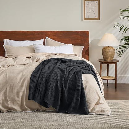 Bedsure Gentlesoft 100% Cotton Throw Blanket for Couch 50x70 inches - Cooling Breathable and Soft for Spring Summer, Waffle Weave Throw Blanket for Office, Black