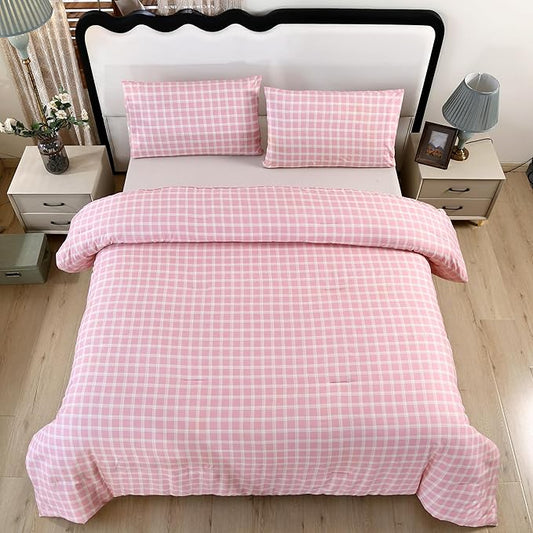 SDIII 3PCS Pink Gingham Comforter Set Queen 100% Washed Microfiber Lightweight Soft Pink Gingham Bedding Farmhouse Shabby Chic Checkered Plaid