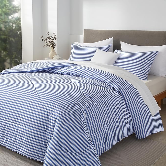 mixinni Striped Comforter Set King Size -Blue Stripes Pattern Bed Set for All Season, 3 Pieces Lightweight Bedding Comforter Sets for All Seasons (1 Soft Fluffy Comforter + 2 Pillowcases)