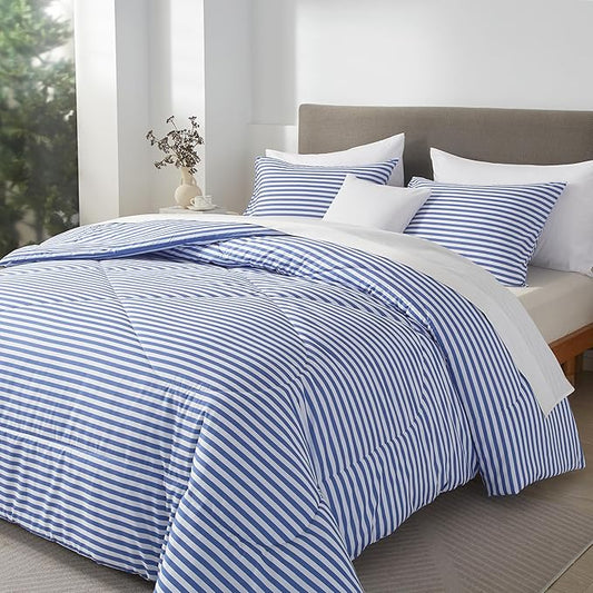 mixinni Striped Comforter Set King Size -Blue Stripes Pattern Bed Set for All Season, 3 Pieces Lightweight Bedding Comforter Sets for All Seasons (1 Soft Fluffy Comforter + 2 Pillowcases)