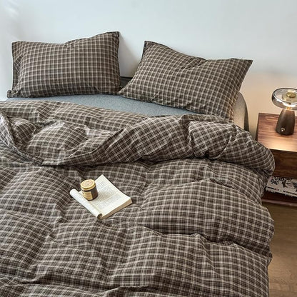 EAVD Vintage Style Dark Grey Gingham Plaid Duvet Cover Twin 100% Washed Cotton Like Linen Feel Soft 3-Piece Grid Plaid Bedding Set with 2 Pillowcases Reversible Geometric Duvet Cover with Zipper