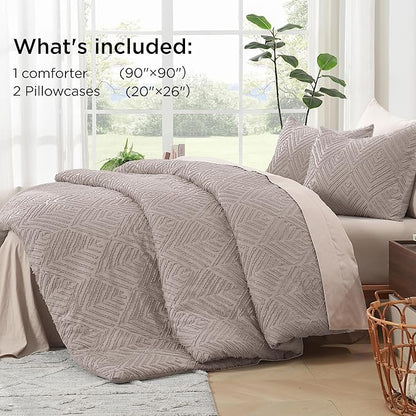 Litanika Queen Comforter Set Rose Coffee, 3 Pieces Cream Tufted Boho Farmhouse Bedding Comforter Sets, Lightweight Fluffy Comforter Bed Set for All Season (90x90In Comforter and 2 Pillowcases)
