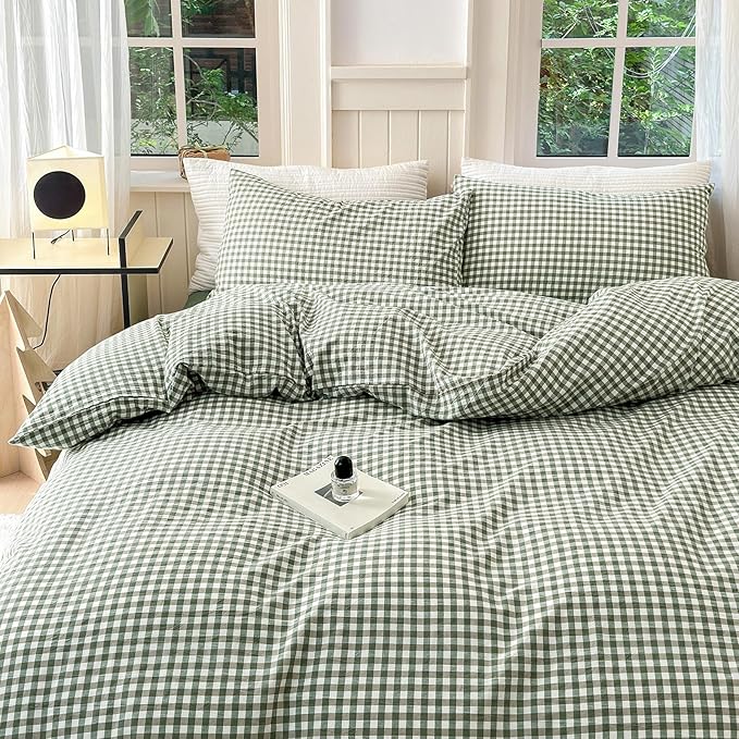 LifeTB Green Grid Gingham Duvet Cover Queen 3 Pieces Green Plaid Duvet Cover with 2 Pillowcases 100% Washed Cotton Grid Checkered Comforter Cover Breathable Green Plaid Bedding Set Queen