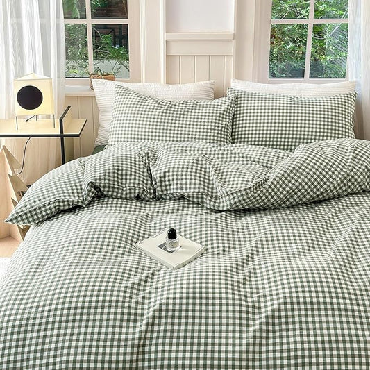 LifeTB Green Gingham Duvet Cover King Boho Green Grid Plaid Duvet Cover 100% Washed Cotton Checkered Comforter Cover with 2 Pillowcases Farmhouse Plaid Comforter Cover Gingham Bedding Set