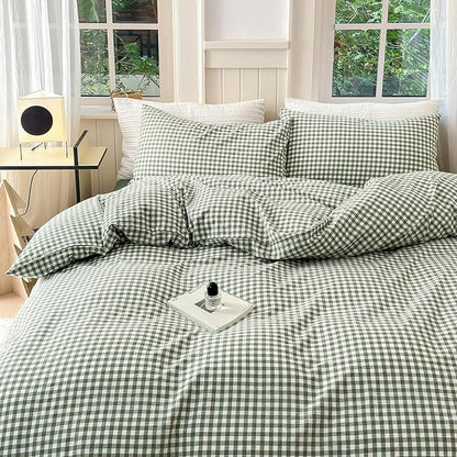 Green Gingham Duvet Cover Full 3 Pieces Green Grid Duvet Cover with 2 Pillowcases 100% Washed Cotton Checkered Plaid Comforter Cover with Zipper Ties Soft Farmhouse Plaid Bedding Set Breathable
