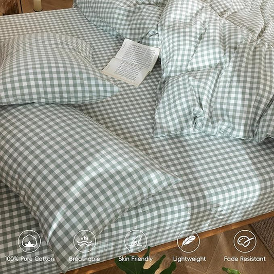 MooMee Bedding Pillowcases Gingham Pack of 2 100% Washed Cotton Linen Like Textured Breathable Durable Soft Comfy (Classic Gingham Sage Green, Queen)