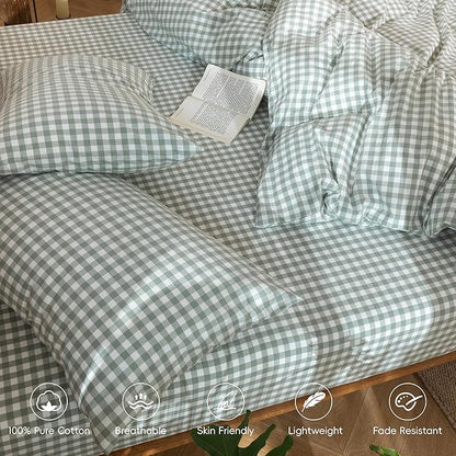 MooMee Bedding Pillowcases Gingham Pack of 2 100% Washed Cotton Linen Like Textured Breathable Durable Soft Comfy (Classic Gingham Sage Green, Standard)