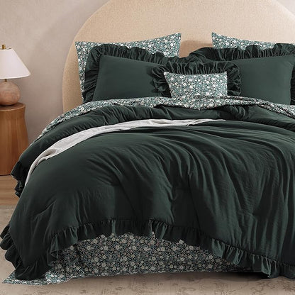 King Comforter Set - 7 Pieces Ruffle Forest Green Bedding Sets, Shabby Chic Farmhouse Bed in a Bag with Ruffle Comforter, Floral Sheets, Pillowcases & Shams