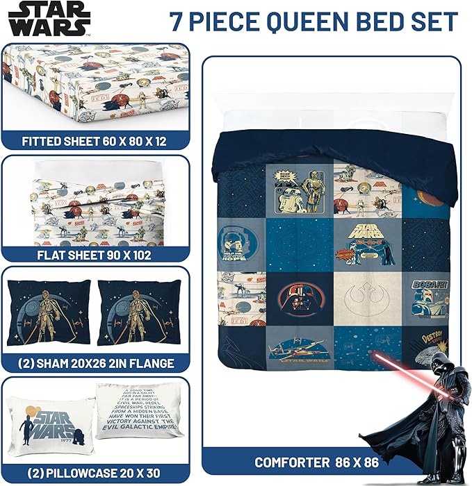 Jay Franco Kids Comforter Set Includes Sheets and Pillow Covers - Soft and Cozy Bed Set for Stylish Room Decor, Blue - Star Wars 01, 7 Piece Queen Bedding