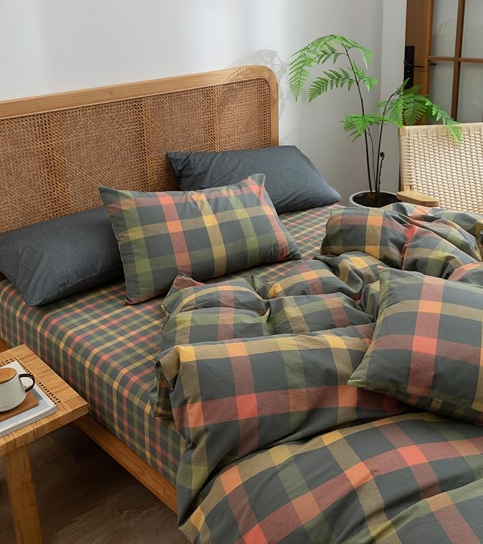 VM VOUGEMARKET Gingham Comforter Set Full Multi-Color Plaid Grid Comforter with 2 Pillowcases Modern Simple Style Bedding Set for All Seasons-80 x90