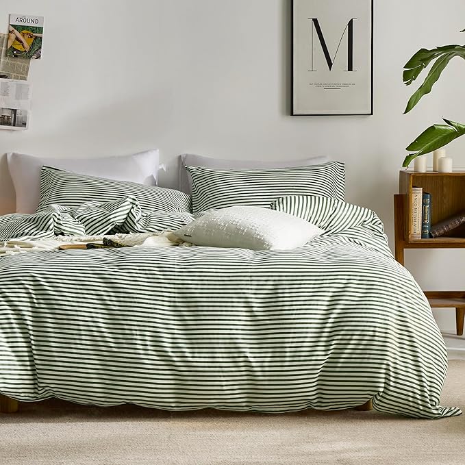 JELLYMONI 100% Natural Cotton 3pcs Striped Duvet Cover Sets,White Duvet Cover with Green Stripes Pattern Printed Comforter Cover,with Zipper Closure & Corner Ties(Full Size)