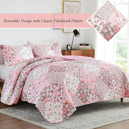 Whale Flotilla Patchwork Quilt Twin Size, Extra Soft Boho Floral Bedspreads for Bed Reversible Lightweight Twin Quilt Bedding Set Printed Coverlets with 1 Pillow Sham for All Seasons, Pink