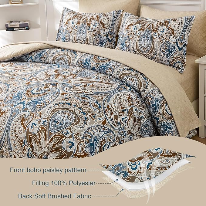 Drucon Brown Paisley Comforter Set Full, 7 Pieces Bed in a Bag Brown Paisley Pattern Comforter Soft Microfiber Bedding Set Full Size with Sheet and Pillowcases for Men Women