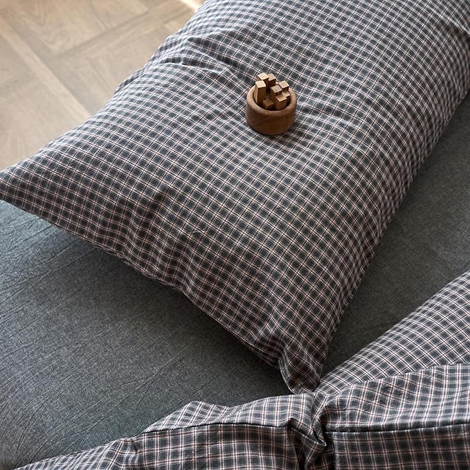 Gingham Twin XL Duvet Cover Grey Washed Cotton Twin XL Comforter Cover Plaid Checkered Pattern Vintage Duvet Cover Set with Hidden Zipper Farmhouse Boho Bedding Set for Adults Duvet Protector