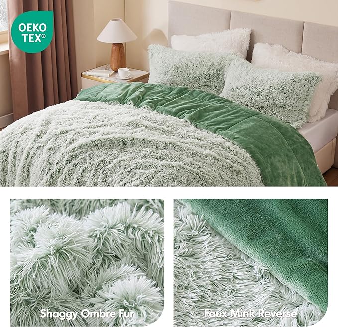 Intelligent Design King Comforter Set Fur-Like Shaggy Comforters for King Size Bed Warm, Fuzzy Bedding, All Season Luxurious Comforters King Size Bed Set, Malea, King/Cal King, Green/White 3 Piece