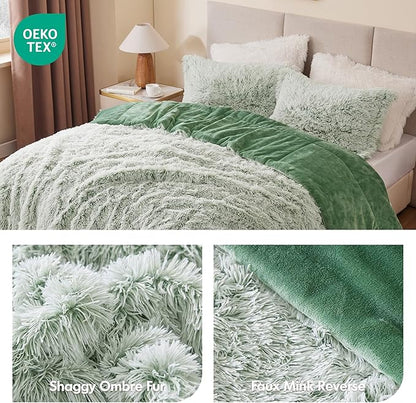 Intelligent Design King Comforter Set Fur-Like Shaggy Comforters for King Size Bed Warm, Fuzzy Bedding, All Season Luxurious Comforters King Size Bed Set, Malea, King/Cal King, Green/White 3 Piece