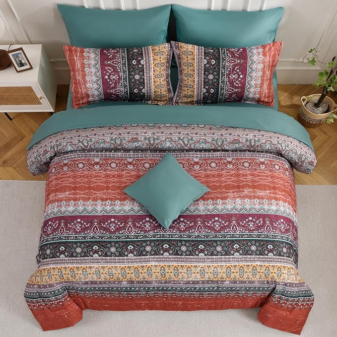 Cottolester Boho King Size Comforter Set 8 Pieces, Orange and Green Bohemian Striped Bed in a Bag, Paisley Soft Microfiber Bedding Comforter Set