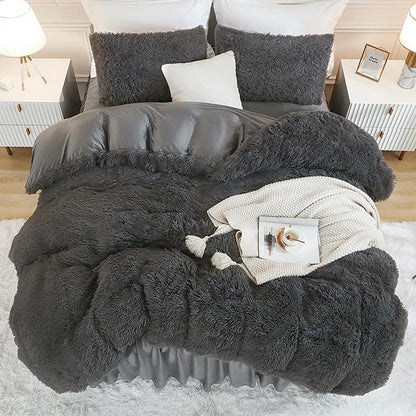 Andency Faux Fur Dark Grey Comforter Full Size, 3 Pieces Fluffy Fuzzy Plush Gray Bedding Comforter Set (1 Shaggy Velvet Comforter & 2 Pillowcases), Soft Puffy Comfy Bedding Set