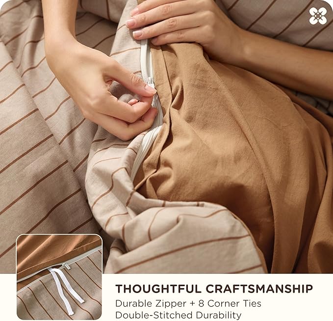 Bedsure Striped Duvet Cover King Size, 100% Washed Cotton PureWoven Duvet Cover Linen Like Textured, Classic Striped Pattern Enhances Bedroom Comfort and Style, Stripes Camel/Brown, 104"x90"
