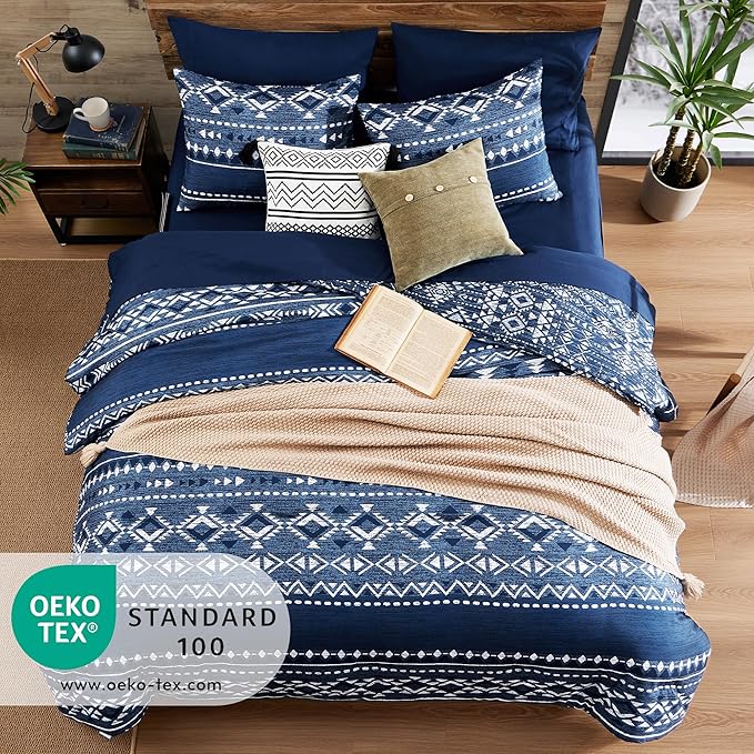 Geniospin Full Comforter Set - 7 Pieces Comforters Full Size, Fluffy Boho Bedding Sets for All Seasons, Bed in a Bag with Flat Sheet and Fitted Sheet, Pillowcase & Sham (Blue, 80''x90'')