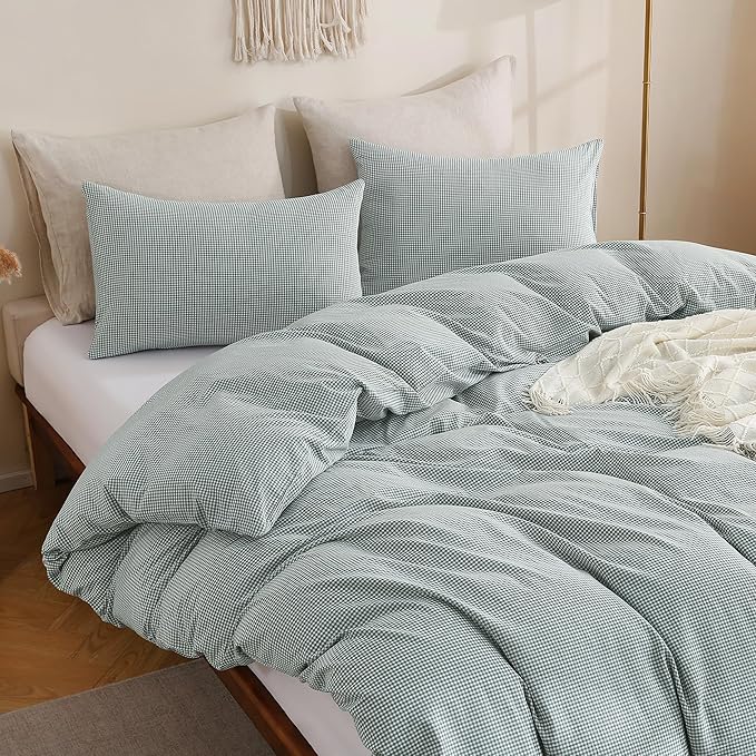 TOCOMOA Mini Gingham Green Duvet Cover Bedding Set 100% Washed Cotton Like Linen Feel Super Soft Comfortable 3 Piece Small Plaid Checkered Comforter Cover Set (King 104"x90", Comforter Not Included)