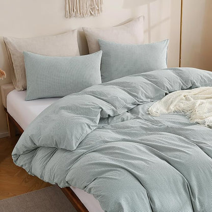 TOCOMOA Mini Gingham Green Duvet Cover Bedding Set 100% Washed Cotton Like Linen Feel Super Soft Comfortable 3 Piece Small Plaid Checkered Comforter Cover Set (King 104"x90", Comforter Not Included)