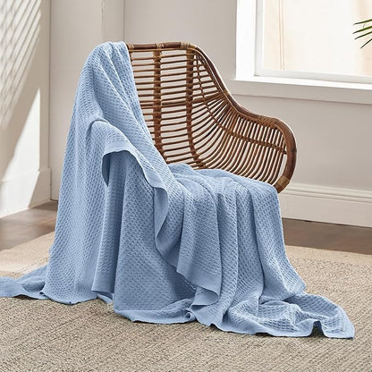 Bedsure Gentlesoft 100% Cotton Throw Blanket for Couch 50x70 inches - Cooling Breathable and Soft for Spring Summer, Waffle Weave Throw Blanket for Office, Sky Blue