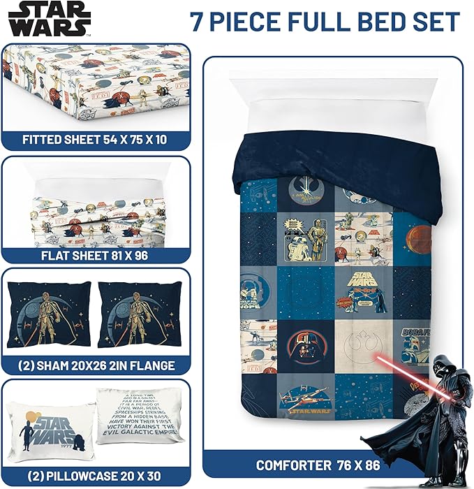 Jay Franco Kids Comforter Set Includes Sheets and Pillow Covers - Soft and Cozy Bed Set for Stylish Room Decor, Blue - Star Wars 01, 7 Piece Full Bedding