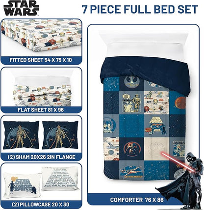 Jay Franco Kids Comforter Set Includes Sheets and Pillow Covers - Soft and Cozy Bed Set for Stylish Room Decor, Blue - Star Wars 01, 7 Piece Full Bedding