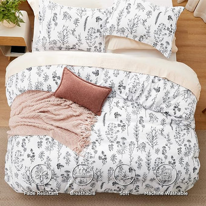 Bedsure Twin/Twin XL Duvet Cover - Reversible White Duvet Cover Set with Zipper Closure, 2 Pieces Cute Floral Patterned Bedding Set with 8 Corner Ties and 1 Pillow Sham