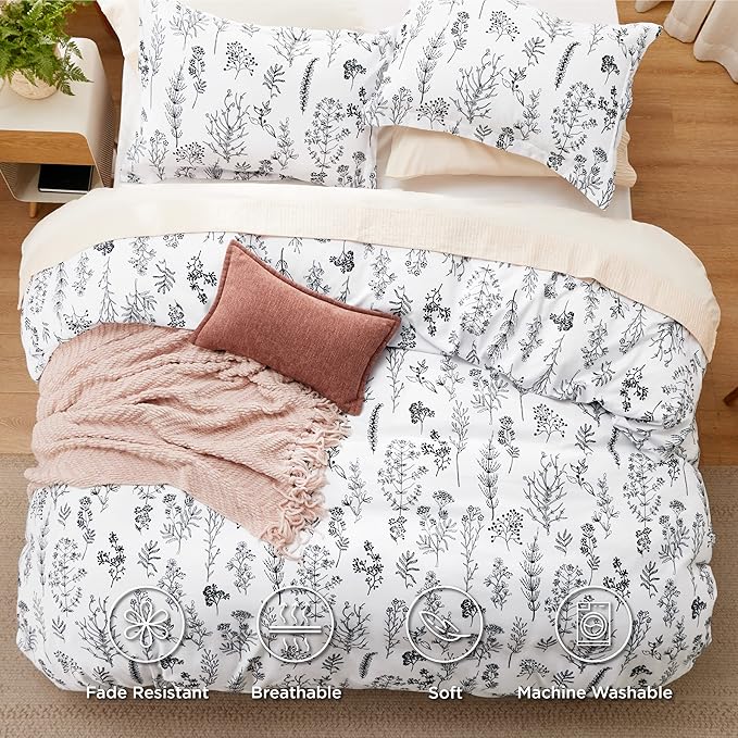 Bedsure Duvet Cover King Size - Reversible White King Duvet Cover Set with Zipper Closure, 3 Pieces Floral Patterned Bedding Set with 8 Corner Ties and 2 Pillow Shams