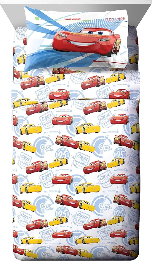 Jay Franco Kids Sheet Cartoon Set with Fitted, Flat Sheets & Pillow Cover - Ultra-Soft Bedding with Pillowcase for Room Decor, White - Cars, 3 Piece Twin