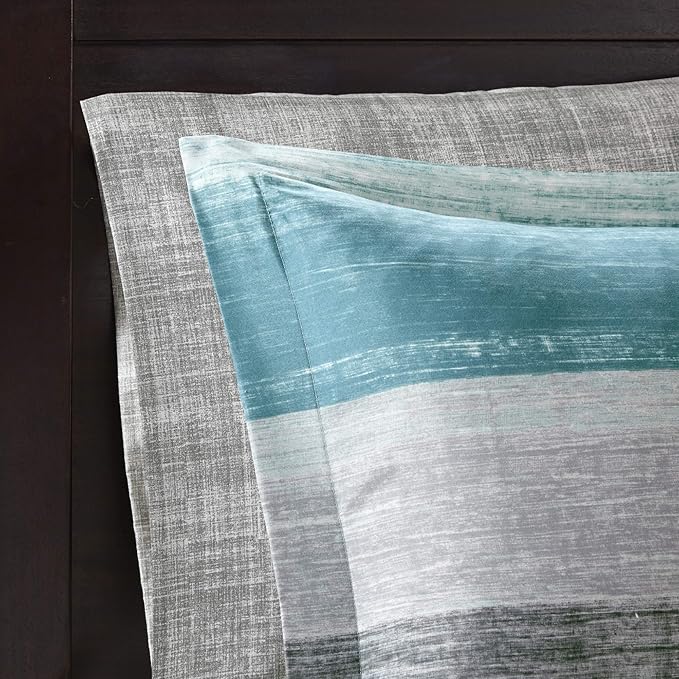 Madison Park Essentials King Comforter Set, Bed in a Bag King, Watercolor Print Coastal Comforter & Chambray Cotton Sheet Set, All Season Bedding Set, Saben, Aqua King (104 in x 92 in) 9 Piece